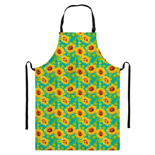 Teal Watercolor Sunflower Pattern Print Bib Apron With Pocket