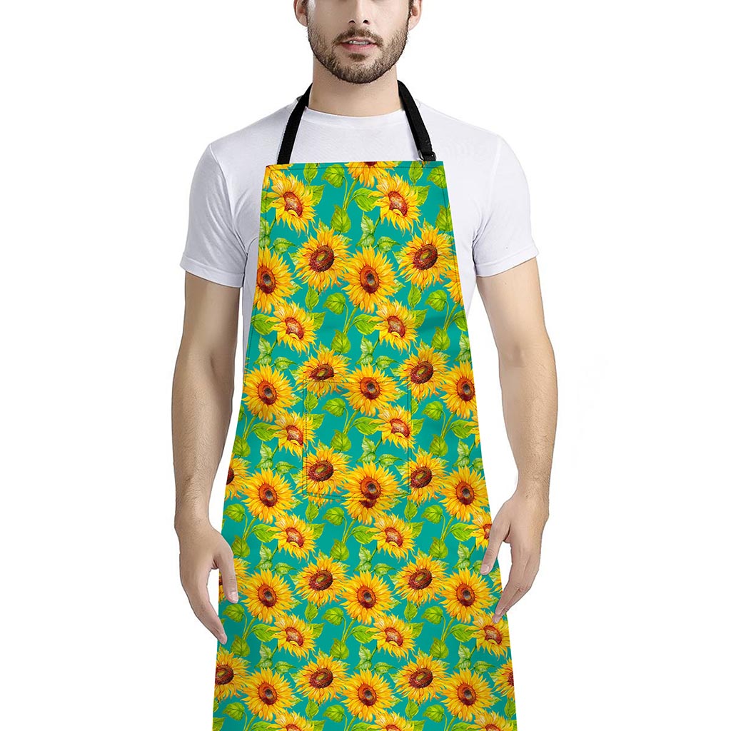 Teal Watercolor Sunflower Pattern Print Bib Apron With Pocket