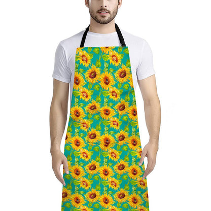 Teal Watercolor Sunflower Pattern Print Bib Apron With Pocket