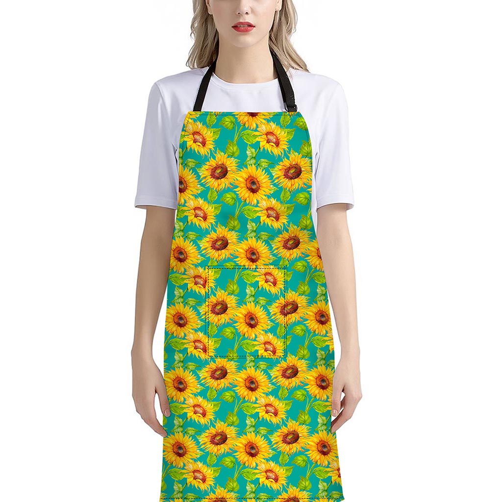 Teal Watercolor Sunflower Pattern Print Bib Apron With Pocket