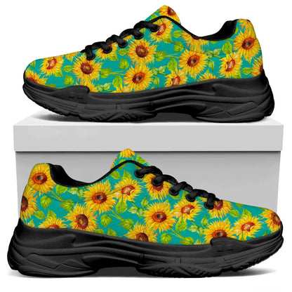 Teal Watercolor Sunflower Pattern Print Black Chunky Shoes