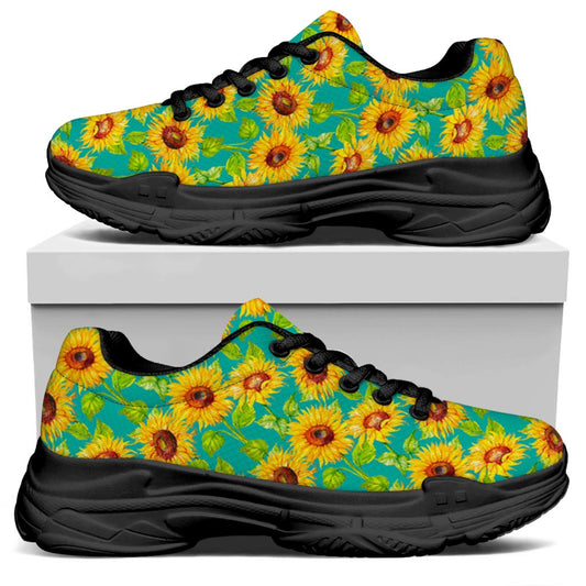 Teal Watercolor Sunflower Pattern Print Black Chunky Shoes