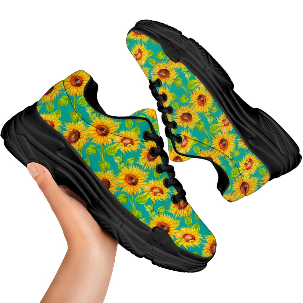 Teal Watercolor Sunflower Pattern Print Black Chunky Shoes