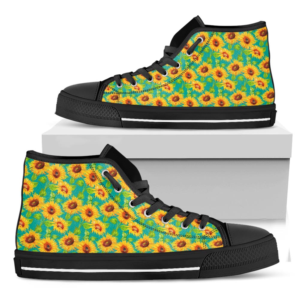 Teal Watercolor Sunflower Pattern Print Black High Top Sneakers