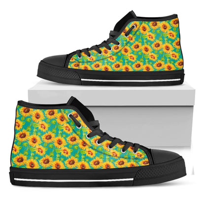 Teal Watercolor Sunflower Pattern Print Black High Top Sneakers