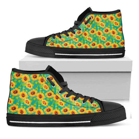 Teal Watercolor Sunflower Pattern Print Black High Top Sneakers