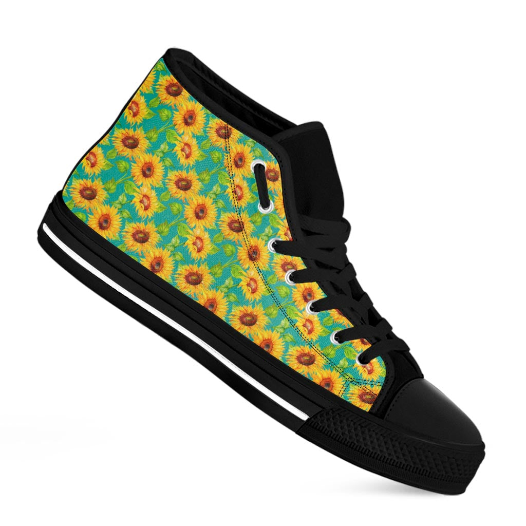 Teal Watercolor Sunflower Pattern Print Black High Top Sneakers