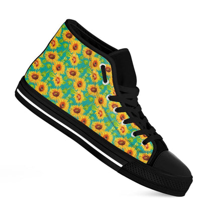 Teal Watercolor Sunflower Pattern Print Black High Top Sneakers
