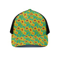 Teal Watercolor Sunflower Pattern Print Black Mesh Trucker Hat