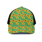 Teal Watercolor Sunflower Pattern Print Black Mesh Trucker Cap