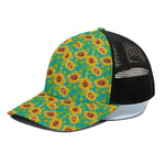 Teal Watercolor Sunflower Pattern Print Black Mesh Trucker Cap