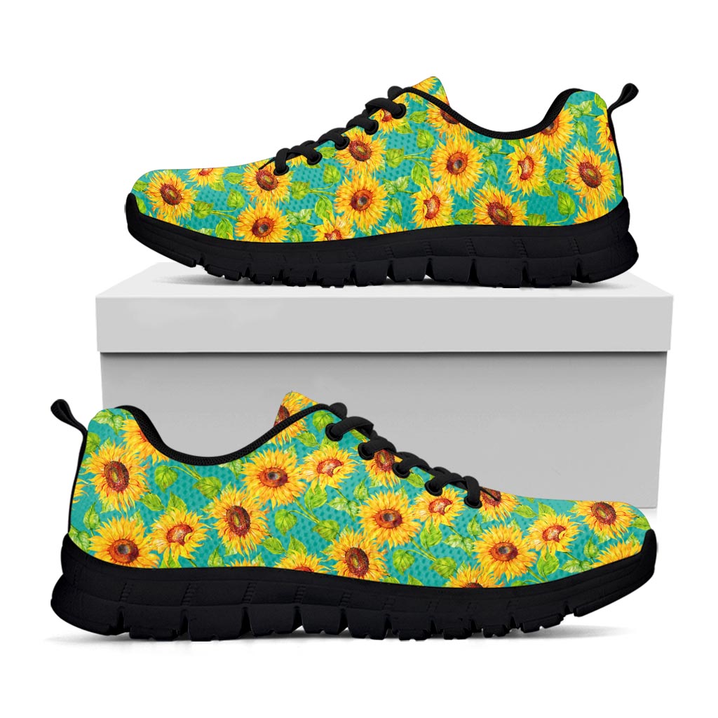 Teal Watercolor Sunflower Pattern Print Black Running Shoes