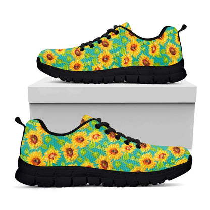 Teal Watercolor Sunflower Pattern Print Black Running Shoes