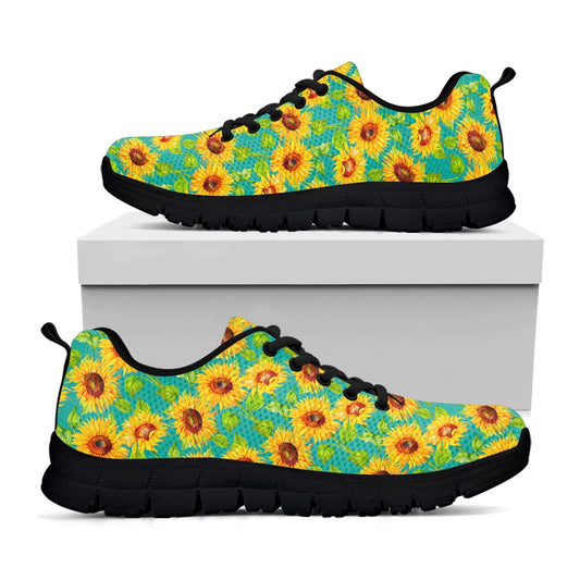 Teal Watercolor Sunflower Pattern Print Black Running Shoes