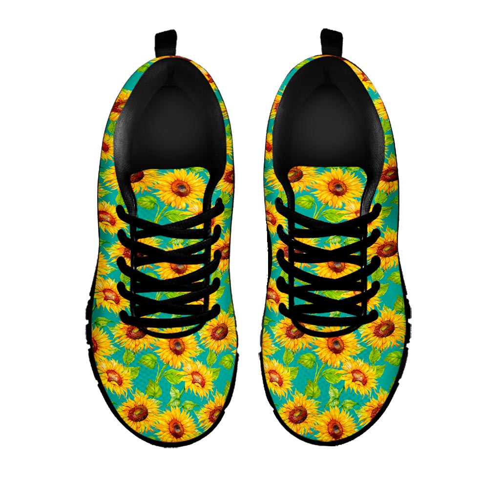 Teal Watercolor Sunflower Pattern Print Black Running Shoes