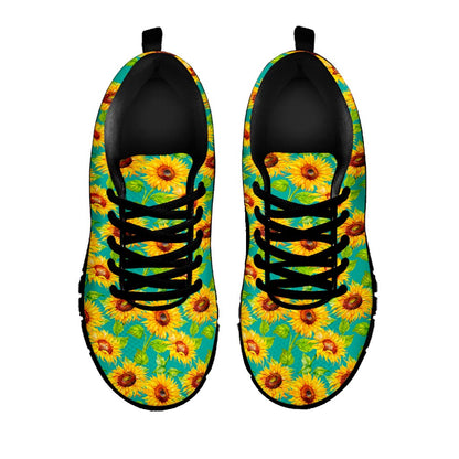 Teal Watercolor Sunflower Pattern Print Black Running Shoes