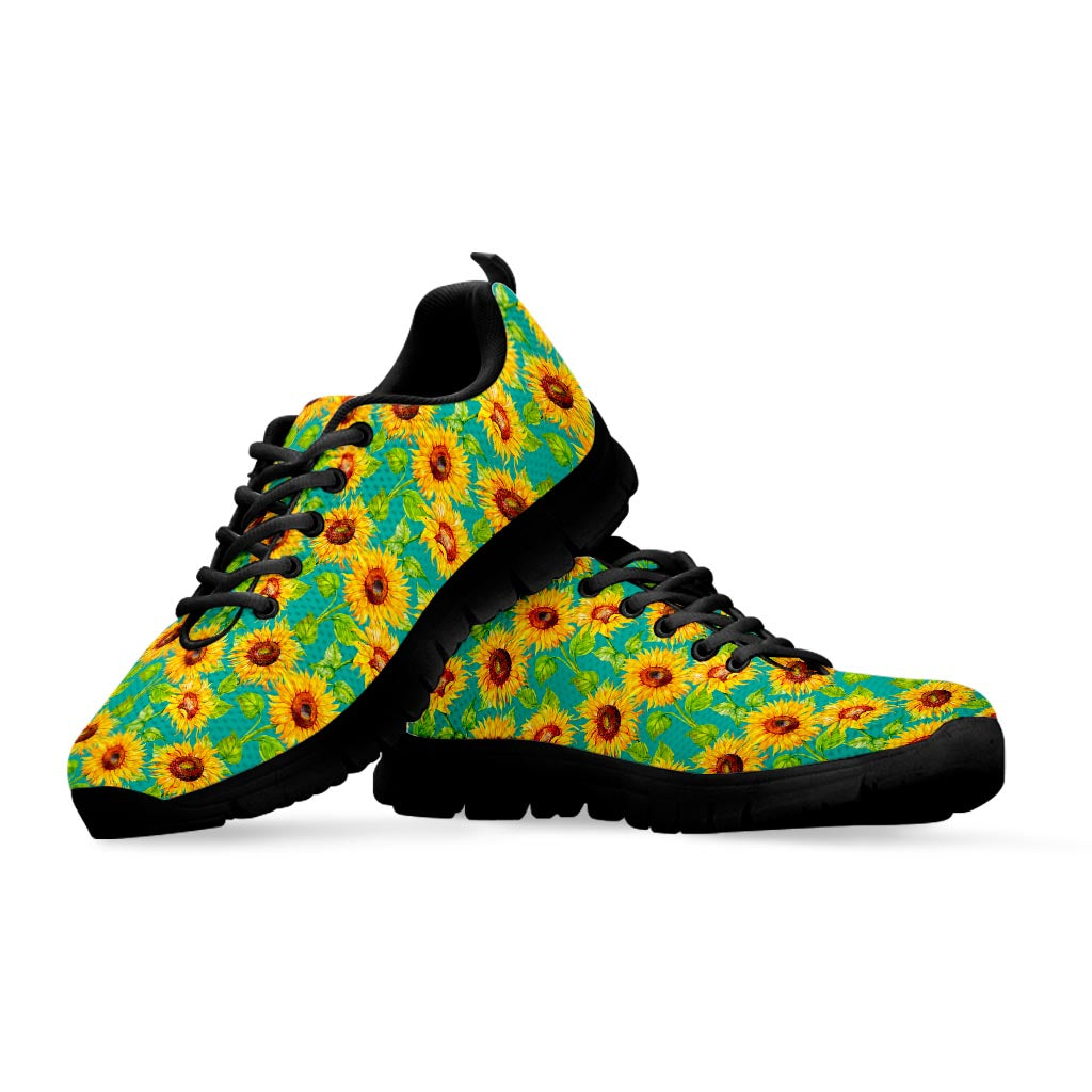 Teal Watercolor Sunflower Pattern Print Black Running Shoes