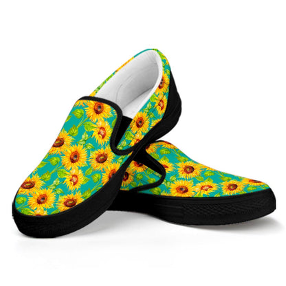 Teal Watercolor Sunflower Pattern Print Black Slip On Sneakers