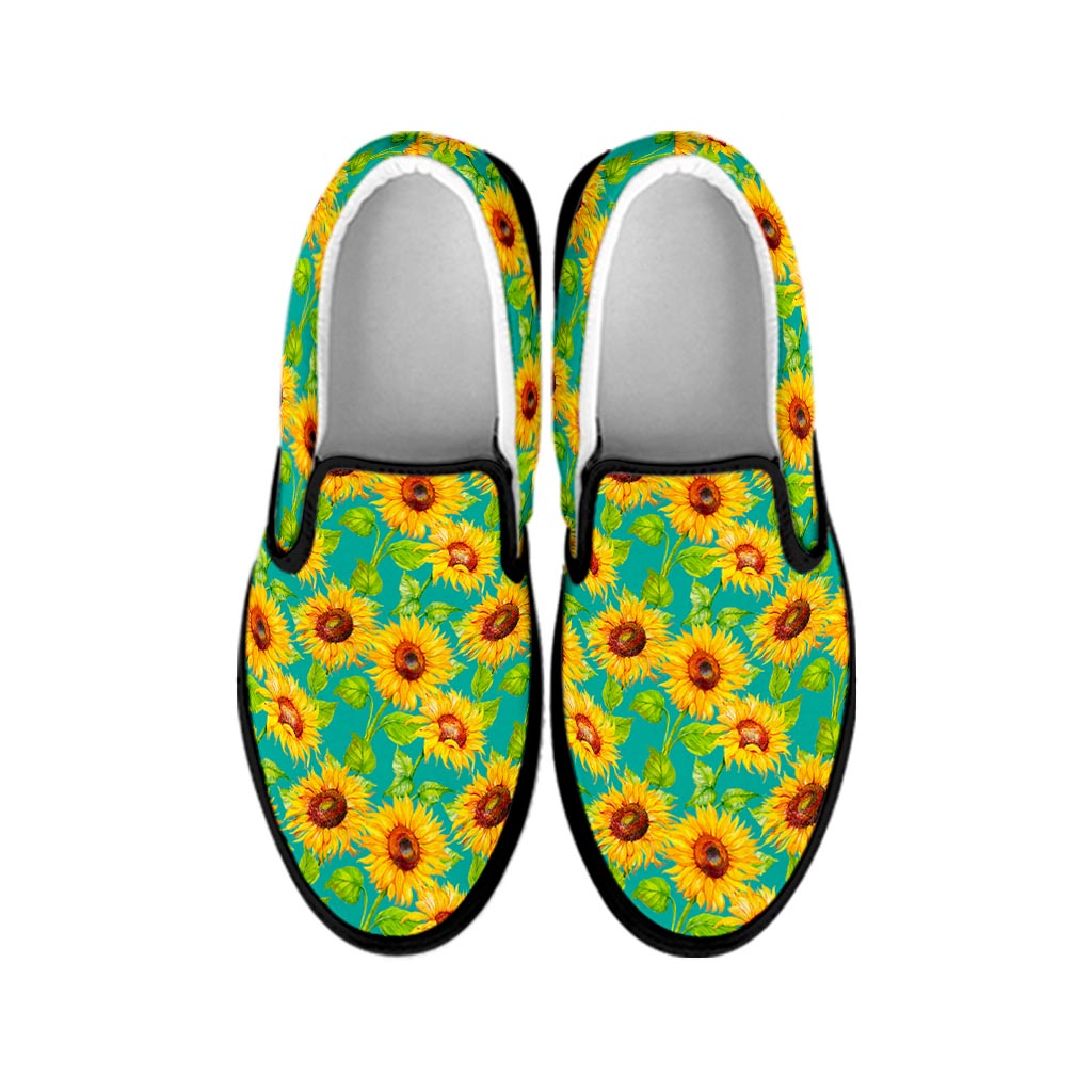 Teal Watercolor Sunflower Pattern Print Black Slip On Sneakers