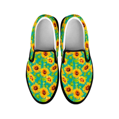 Teal Watercolor Sunflower Pattern Print Black Slip On Sneakers