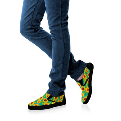 Teal Watercolor Sunflower Pattern Print Black Slip On Sneakers
