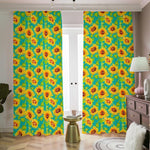 Teal Watercolor Sunflower Pattern Print Blackout Pencil Pleat Curtains