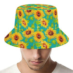 Teal Watercolor Sunflower Pattern Print Bucket Hat