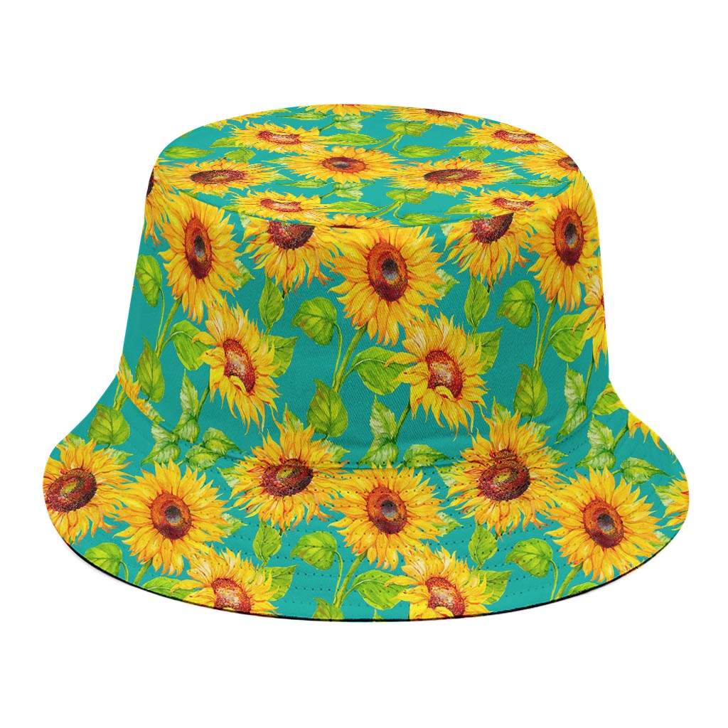 Teal Watercolor Sunflower Pattern Print Bucket Hat
