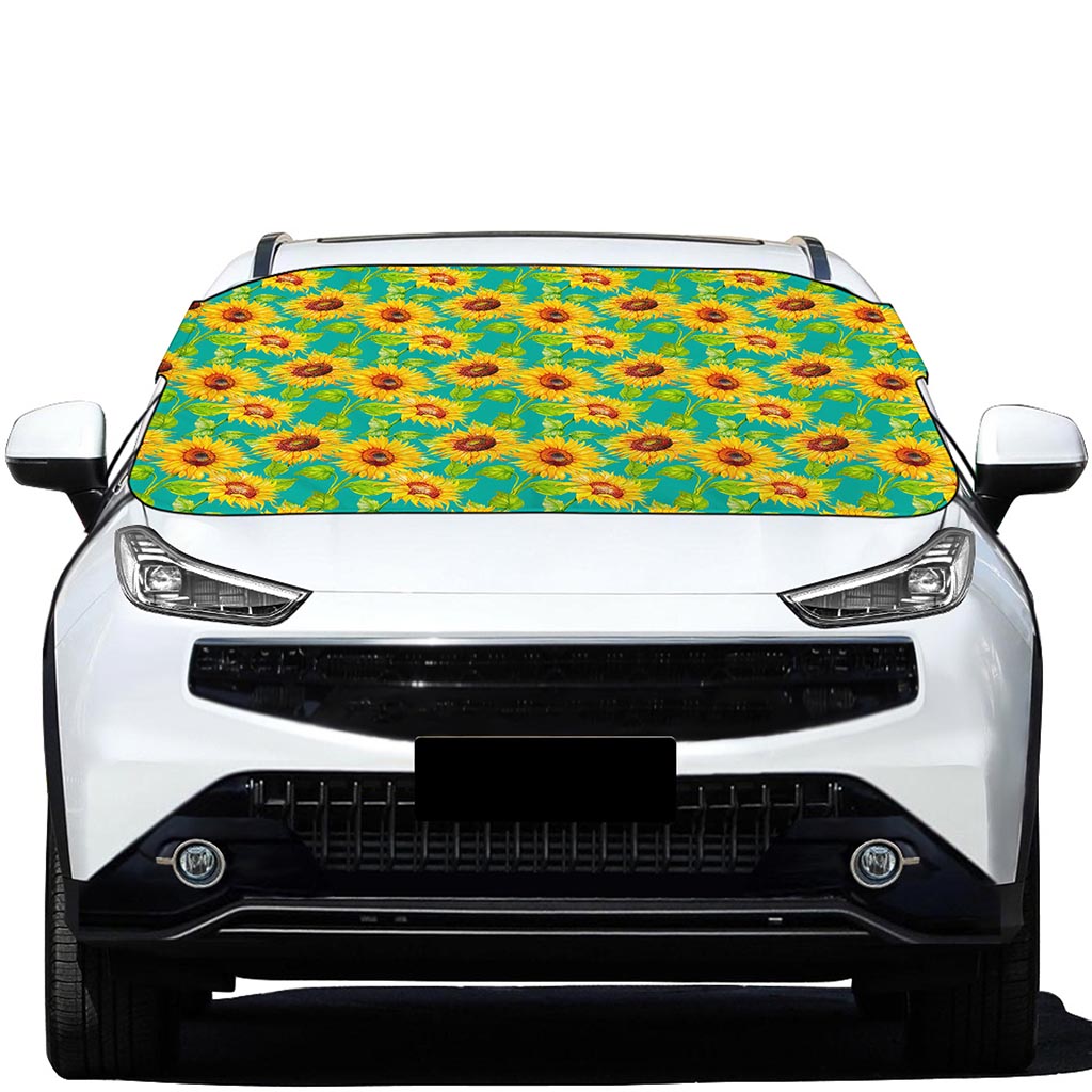 Teal Watercolor Sunflower Pattern Print Car Windshield Snow Cover