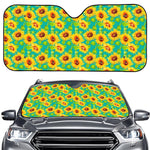 Teal Watercolor Sunflower Pattern Print Car Windshield Sun Shade