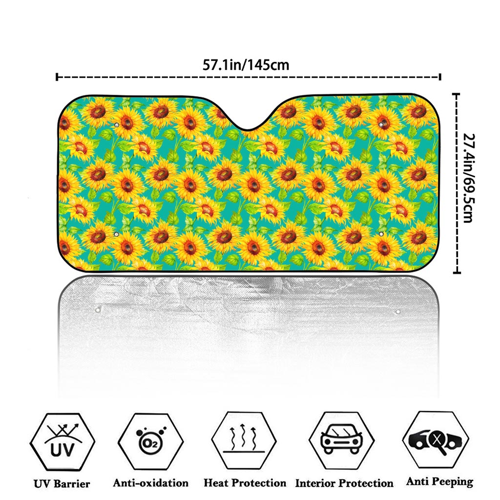 Teal Watercolor Sunflower Pattern Print Car Windshield Sun Shade