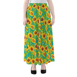 Teal Watercolor Sunflower Pattern Print Chiffon Maxi Skirt