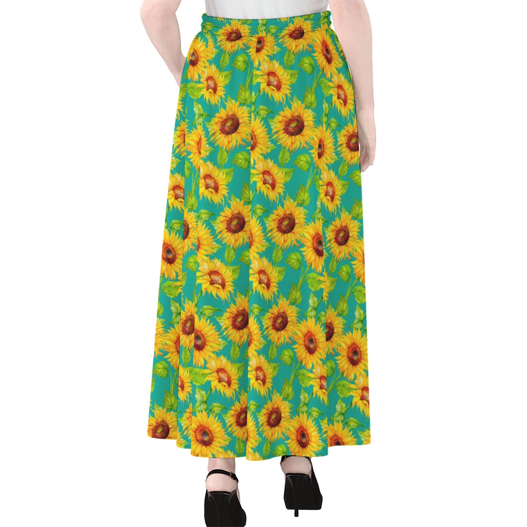 Teal Watercolor Sunflower Pattern Print Chiffon Maxi Skirt