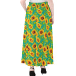 Teal Watercolor Sunflower Pattern Print Chiffon Maxi Skirt