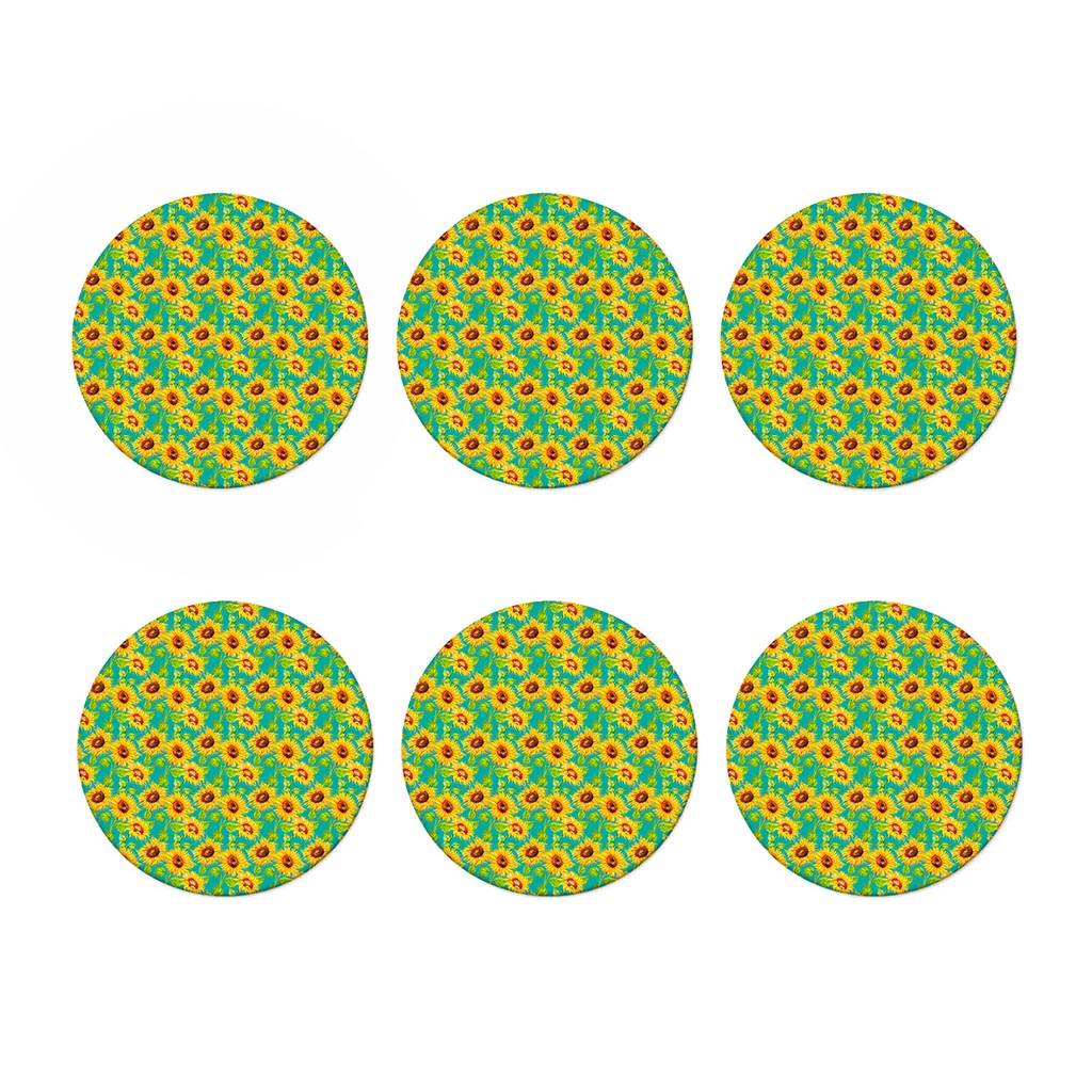 Teal Watercolor Sunflower Pattern Print Coaster Set