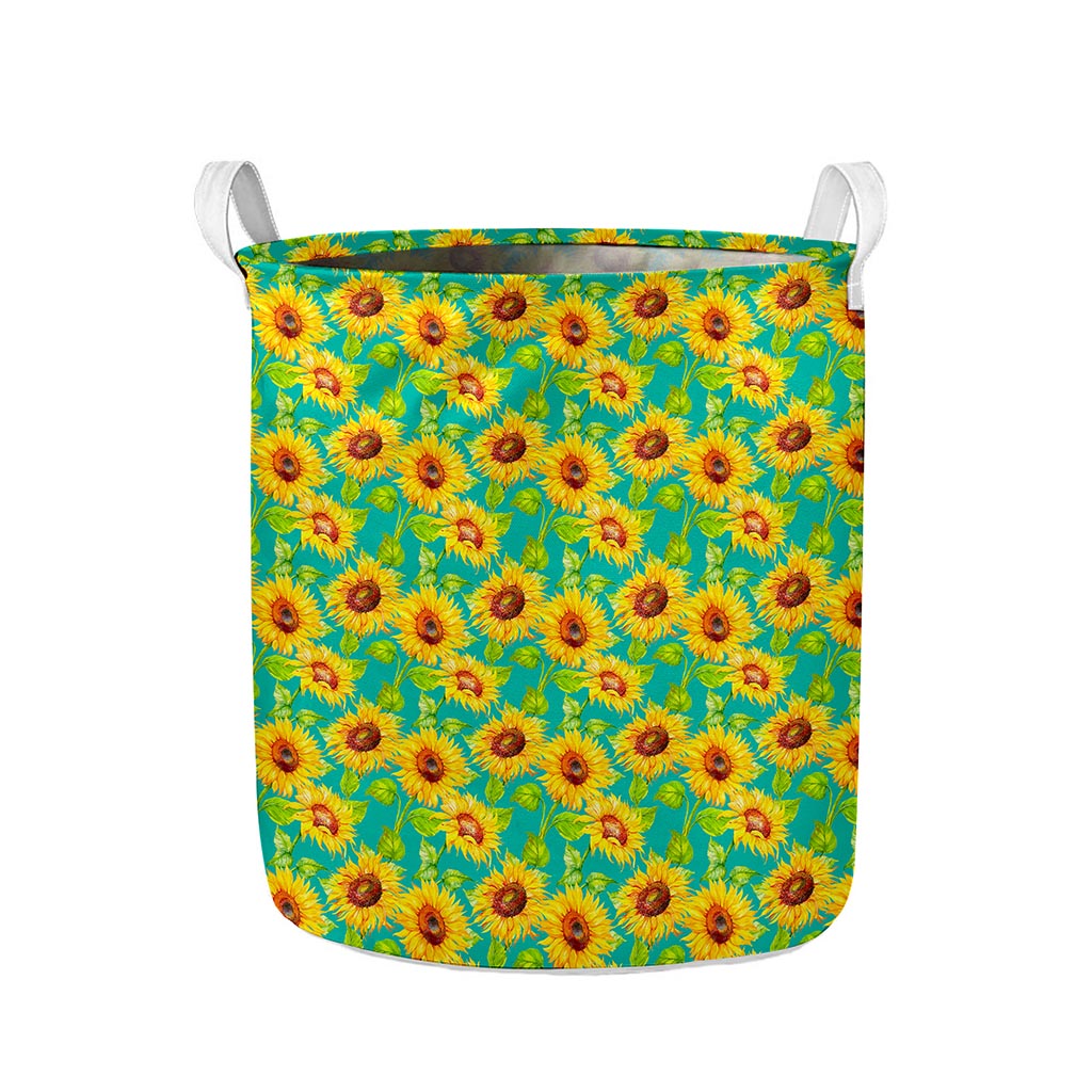 Teal Watercolor Sunflower Pattern Print Collapsible Laundry Basket