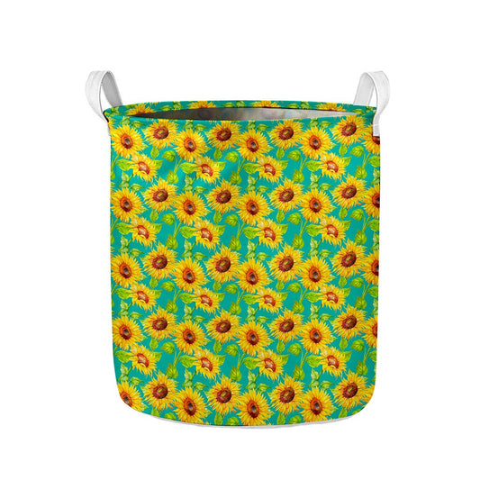 Teal Watercolor Sunflower Pattern Print Collapsible Laundry Basket