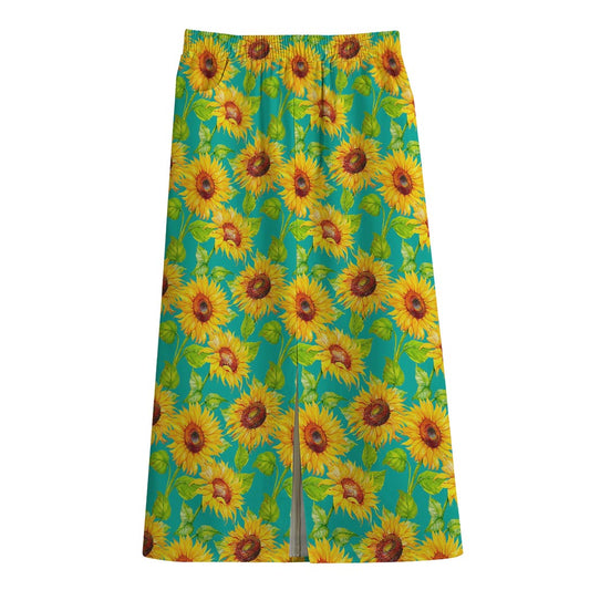 Teal Watercolor Sunflower Pattern Print Cotton Front Slit Maxi Skirt
