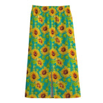 Teal Watercolor Sunflower Pattern Print Cotton Front Slit Maxi Skirt