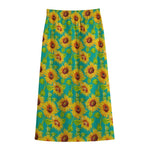 Teal Watercolor Sunflower Pattern Print Cotton Front Slit Maxi Skirt