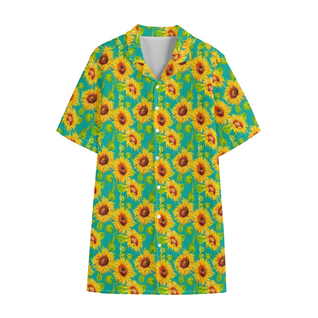 Teal Watercolor Sunflower Pattern Print Cotton Hawaiian Shirt