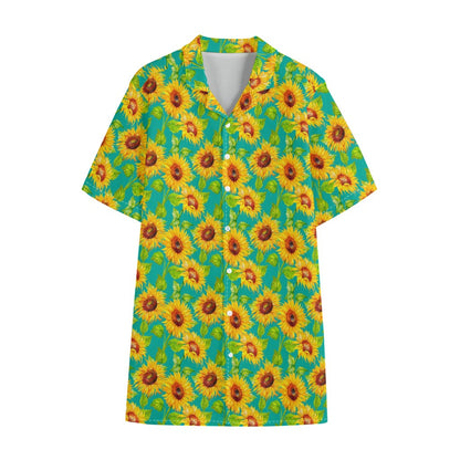 Teal Watercolor Sunflower Pattern Print Cotton Hawaiian Shirt