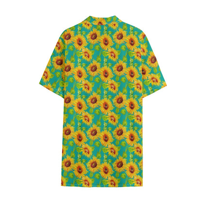 Teal Watercolor Sunflower Pattern Print Cotton Hawaiian Shirt