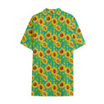 Teal Watercolor Sunflower Pattern Print Cotton Hawaiian Shirt