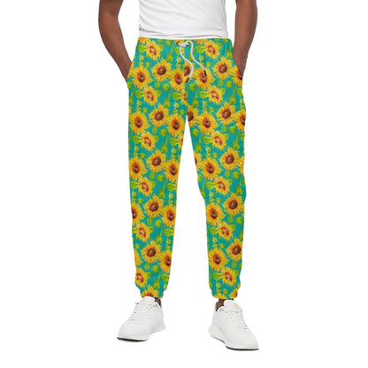 Teal Watercolor Sunflower Pattern Print Cotton Pants