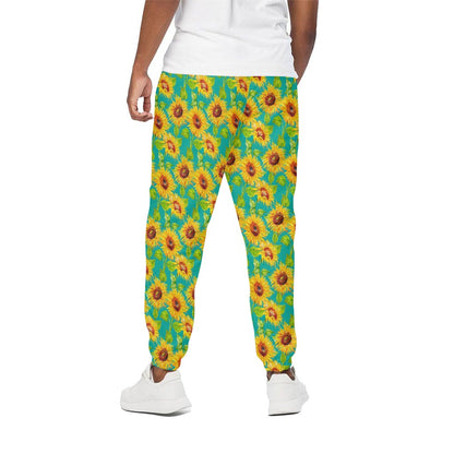 Teal Watercolor Sunflower Pattern Print Cotton Pants