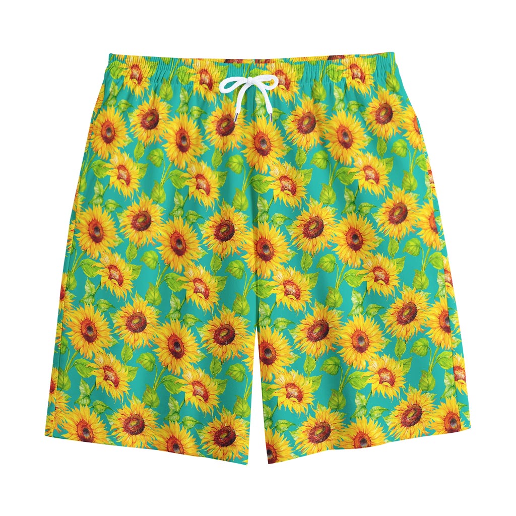 Teal Watercolor Sunflower Pattern Print Cotton Shorts