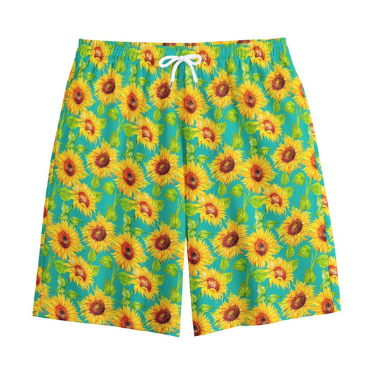 Teal Watercolor Sunflower Pattern Print Cotton Shorts