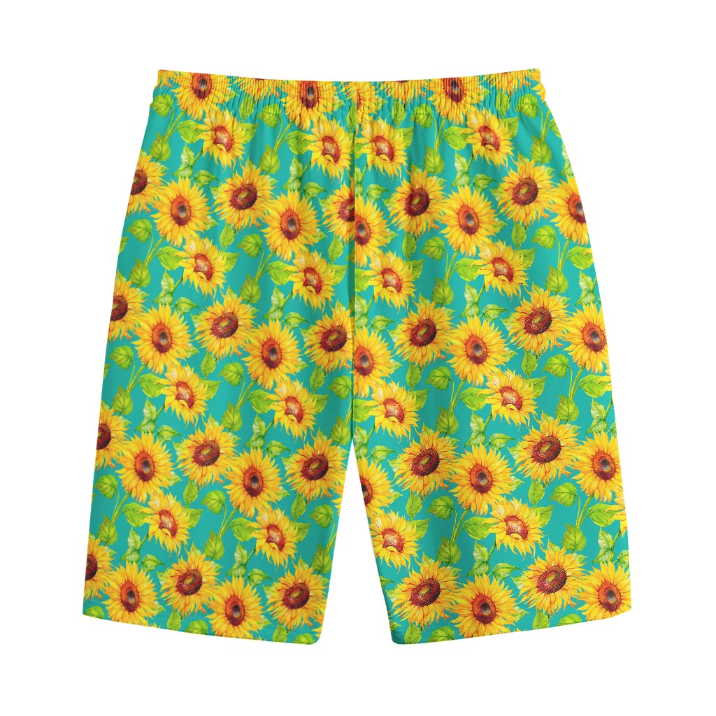 Teal Watercolor Sunflower Pattern Print Cotton Shorts