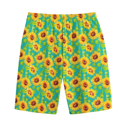 Teal Watercolor Sunflower Pattern Print Cotton Shorts